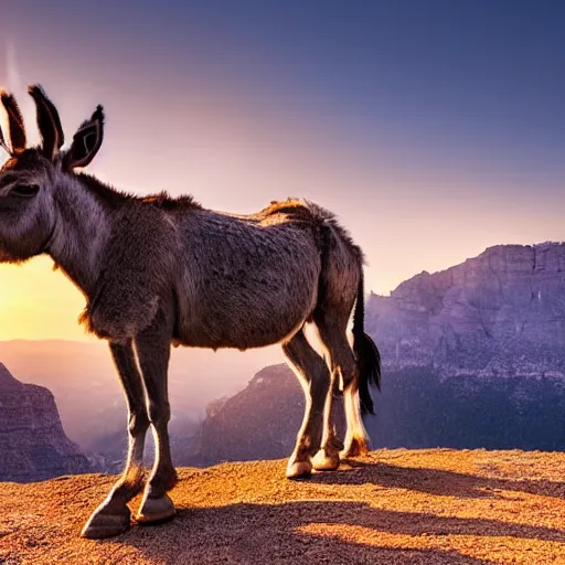 Image similar to an amazing portrait of a donkey on a slim rocky path at the edge of a cliff, rocky mountains in the background, sunset sky photography, award winning cinematic lighting, highly detailed