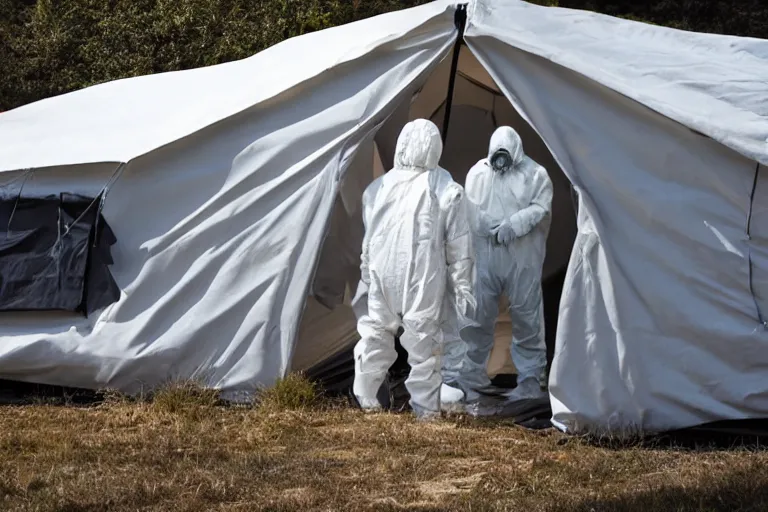 Image similar to man wearing hazmat suit in clean tent. by Roger Deakins