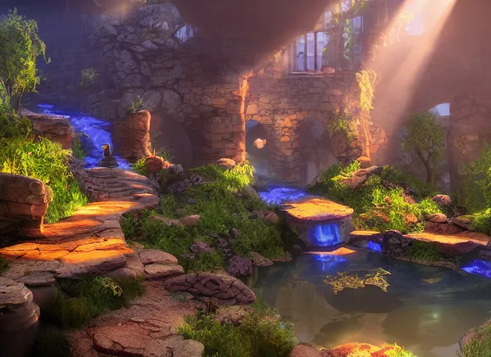 Image similar to magical mine illustration. fantasy, dramatic lighting, 8 k, sharp focus, global illumination, unreal engine, detailed and intricate environment, koi pond