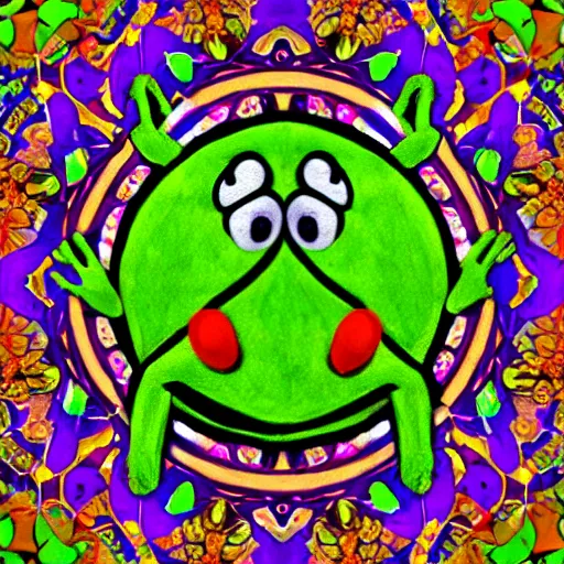 Image similar to kermit the frog mandala, high saturation, viberant