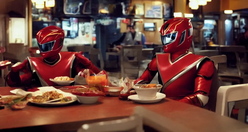 Prompt: Power Rangers film, a scene where the Power Ranger is eating alone in a diner, he is facing the table, dark tones.