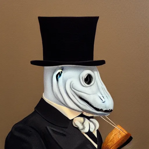 Image similar to “a crocodile wearing a top hat and monocle, dapper, highly detailed, oil on canvas”