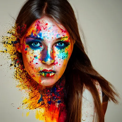 Prompt: portrait photography, stunning woman with deep amber eyes, splattered with shimmering colorful paint