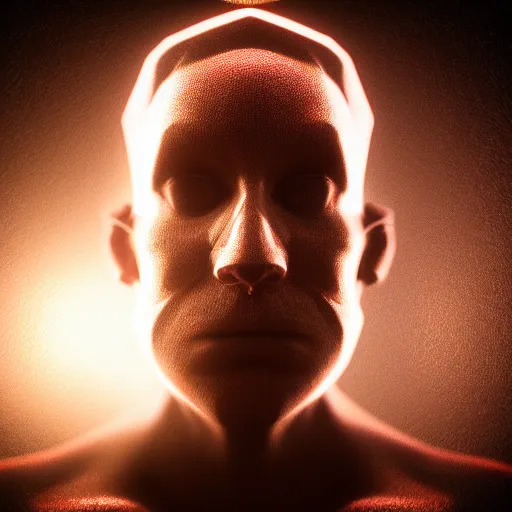 Image similar to a man who's face is covered in ridges of fractal human hands, octane render, subsurface scattering, intense lighting