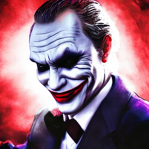 Image similar to Portrait of Vladimir Putin as the Joker DC comic, amazing splashscreen artwork, splash art, head slightly tilted, natural light, elegant, intricate, fantasy, atmospheric lighting, cinematic, matte painting