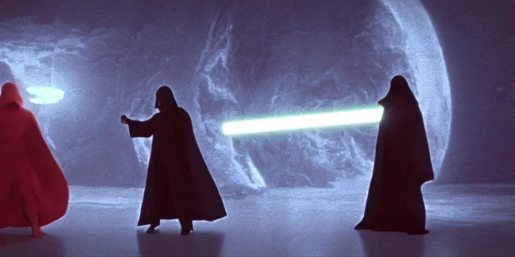 Image similar to screenshot of a dark sith lord in a robe with electricity fighting Luke Skywalker, on a planet of maelstrom,, chaos, the world without form and void, 1970s film by Stanley Kubrick, iconic scene, stunning cinematography, hyper detailed, sharp, anamorphic lenses, kodak color, 4k, stunning