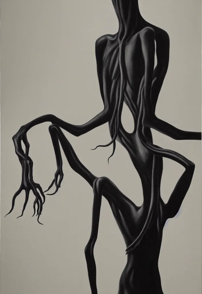 Prompt: a featureless slender humanoid being with long arms, an elegant suit and black, slimy tentacles coming out its shoulders. portrait, hyperrealism, painting by ken currie