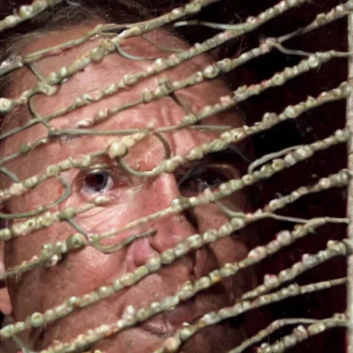 Image similar to nicolas cage trapped in a wicker cage with peas on his face, dying