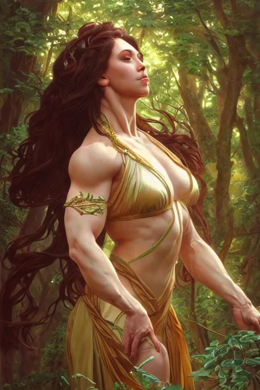 Prompt: goddess of nature, accurate anatomy, only two hands, highly detailed, digital painting, artstation, concept art, smooth, sharp focus, illustration, Unreal Engine 5, 8K, art by artgerm and greg rutkowski and alphonse mucha and IFBB pro fitness photograph