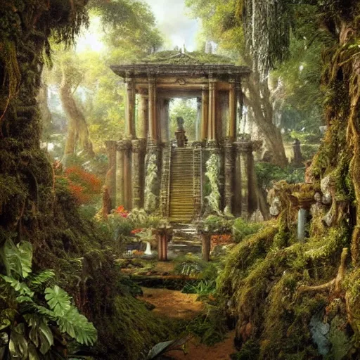Image similar to a beautiful and highly detailed matte painting of a lost temple in a magical fantasy garden in a lush forest, intricate details, epic scale, insanely complex, 8 k, sharp focus, hyperrealism, very realistic, by caspar friedrich, albert bierstadt, james gurney, brian froud,