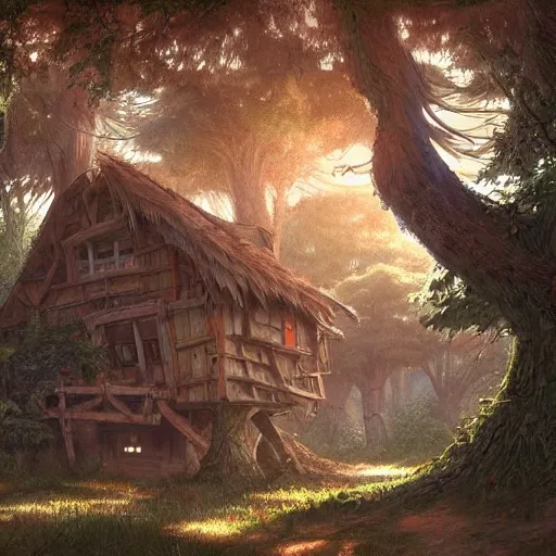 Image similar to concept art painting of treehouses made out of trees and roots, trees with doors and windows in a deep forest, realistic, detailed, cel shaded, in the style of makoto shinkai and greg rutkowski and james gurney