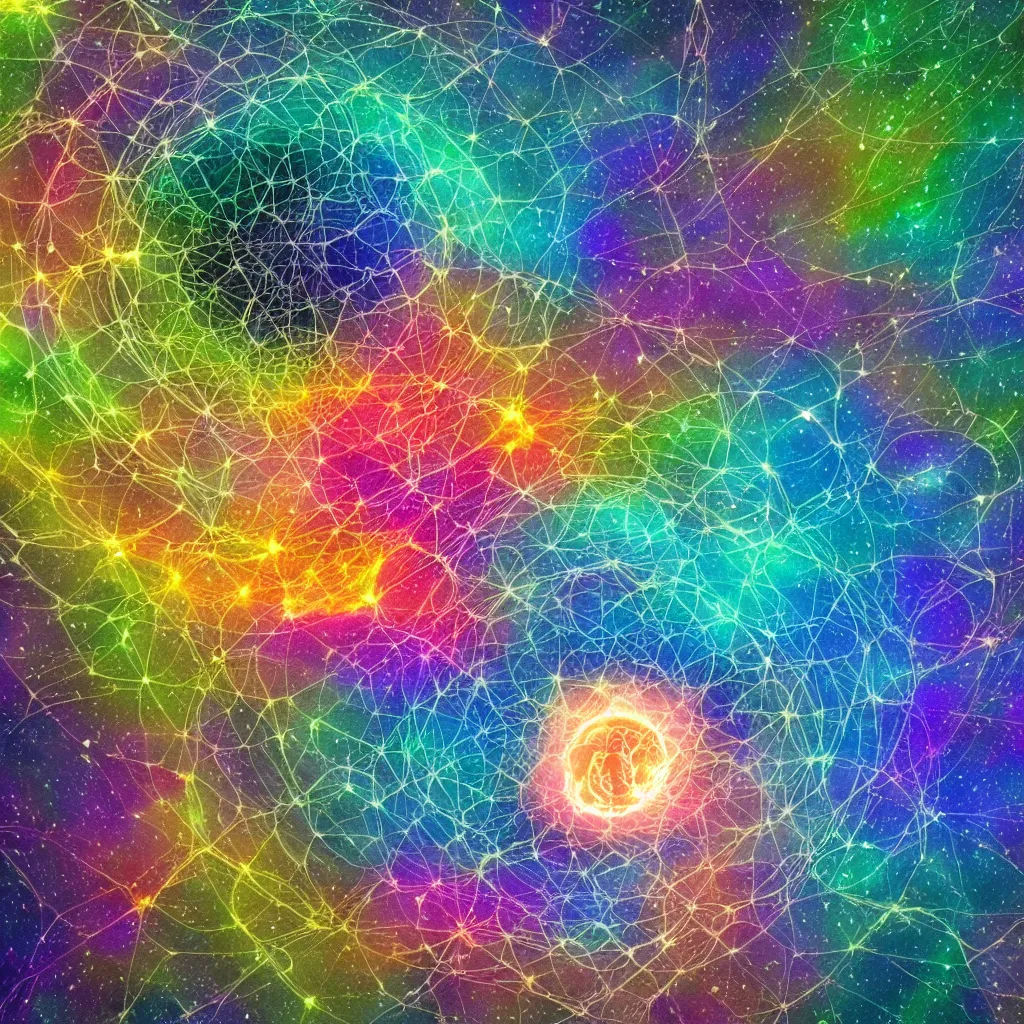 Image similar to what happens inside a proton, Indra's Net by greg rutowski, the pure chaos of the mind as a colorful explosion of consciousness