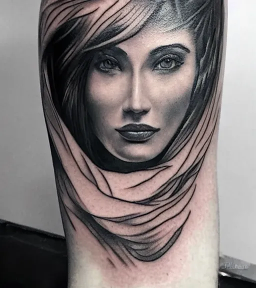 Image similar to tattoo design sketch of an extremely beautiful woman face and a faded background of beautiful mountains on her side, hyper - realistic,, in the style of matteo pasqualin, amazing detail, black and white, faded