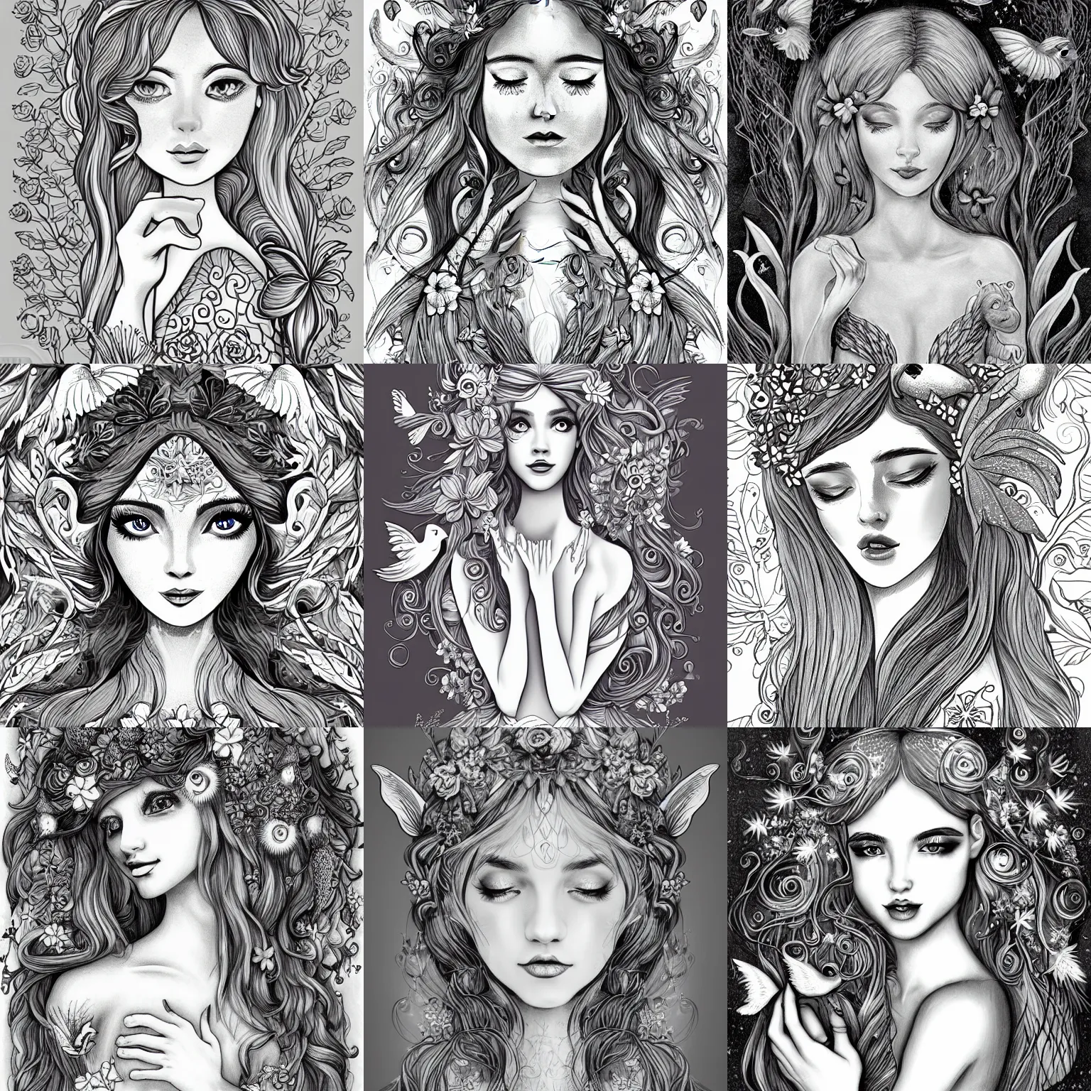 Prompt: magical illustration of ethereal fantasy creature, beautiful fairie, mermaid, female portrait with flowers, whimsical big - eyed character accompanied by animals and birds, light greyscale, line art