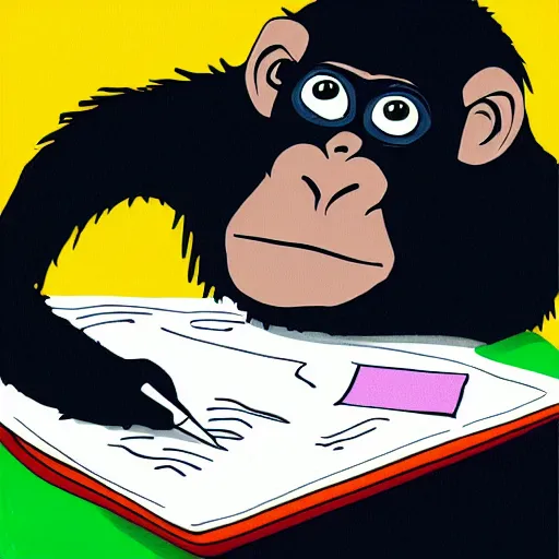 Image similar to a gorrila doing his taxes, cartoon, colorful, art