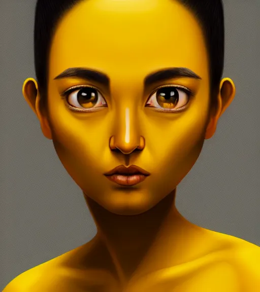 Image similar to portrait of a yellow emoji, poised, intense emotion, detailed facial expression, detailed surroundings, minimalistic, intricate, elegant, highly detailed, centered, digital painting, artstation, concept art, smooth, sharp focus