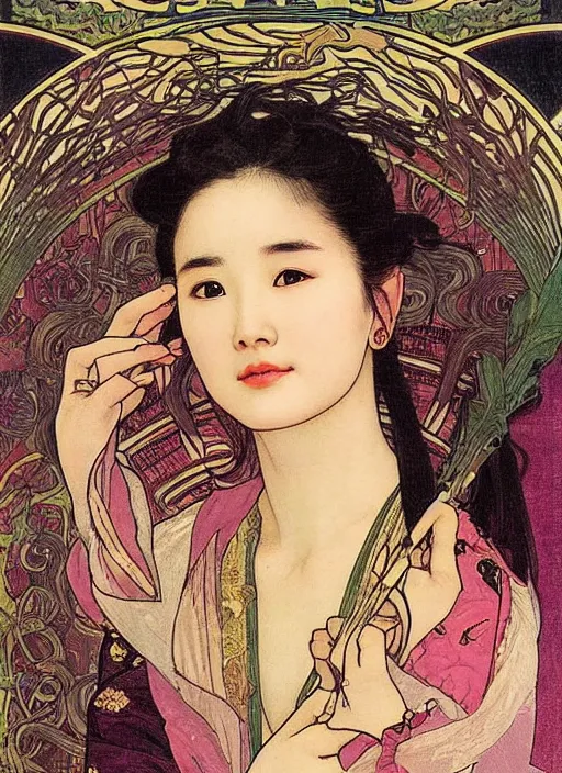 Prompt: Liu yifei close-up on a tarot card, tarot in art style by Alphonse Mucha