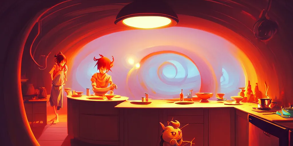 Prompt: naive nerikomi, weird perspective, extra narrow, detailed illustration of a kitchen lit by flashlight in a scenic spiral environment by jesper ejsing, by rhads and lois van baarle and ilya kuvshinov and rossdraws