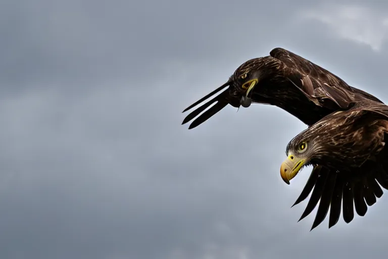 Image similar to a wideangle colorchrome supersharp photo of a white - tailed eagle, 3 0 0 mm lens, stormy sky