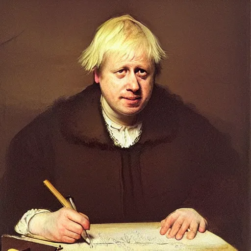 Prompt: Boris Johnson writing the vulgate, painted by Rembrandt and Sargent