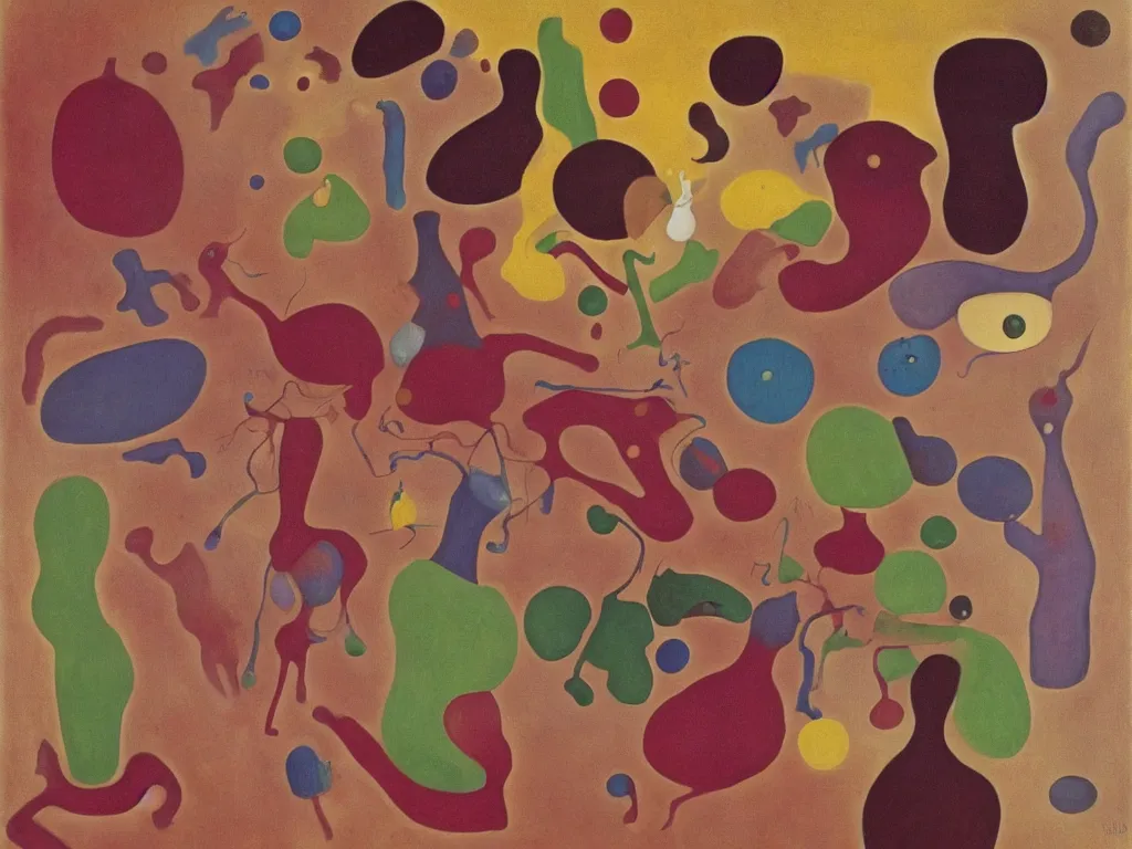 Image similar to microscopic micro - organism dancing around in the pupil. painting by hans arp, mark rothko, juan miro, maria sybilla merian, agnes pelton