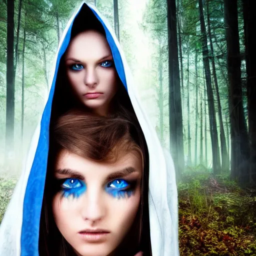 Image similar to cloaked maiden with blue eyes and a beautiful model face in a dark and creepy forest