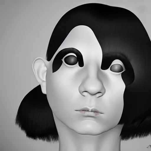 Prompt: An abstract portrait of a girl with black hair against dark grey background, detail oriented work inspired by M.C Escher and the surrealist movement, rendered using photoshop, sony vegas pro 2019 and pixologic's zbrush