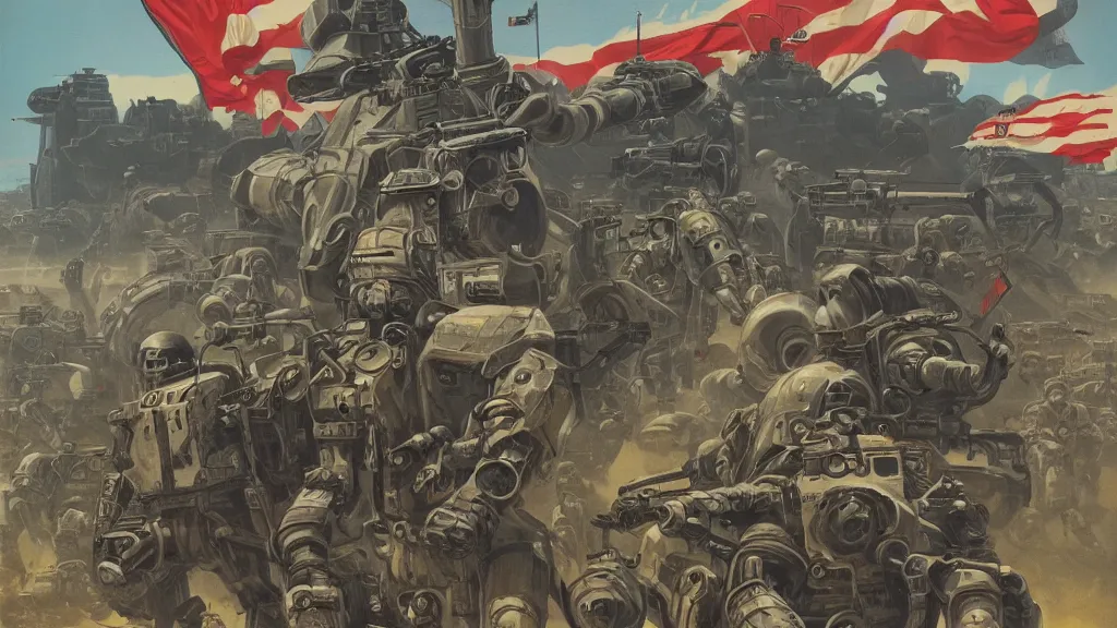 Image similar to American mechs take Okinawa, sci-fi illustrations, WWII propaganda poster, highly detailed, intricate, photorealistic, award-winning, patriotic, american, dark, gritty, oil painting