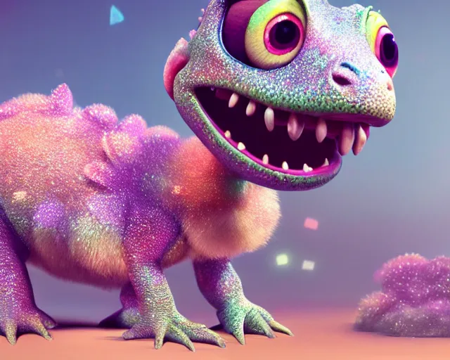 Image similar to a cute baby dinosaur, big eyes, soft fur and scales texture, pastel colours, colorful, glitter crystals, cute, pixar animation style, detailed, soft light, octane render, 4 k