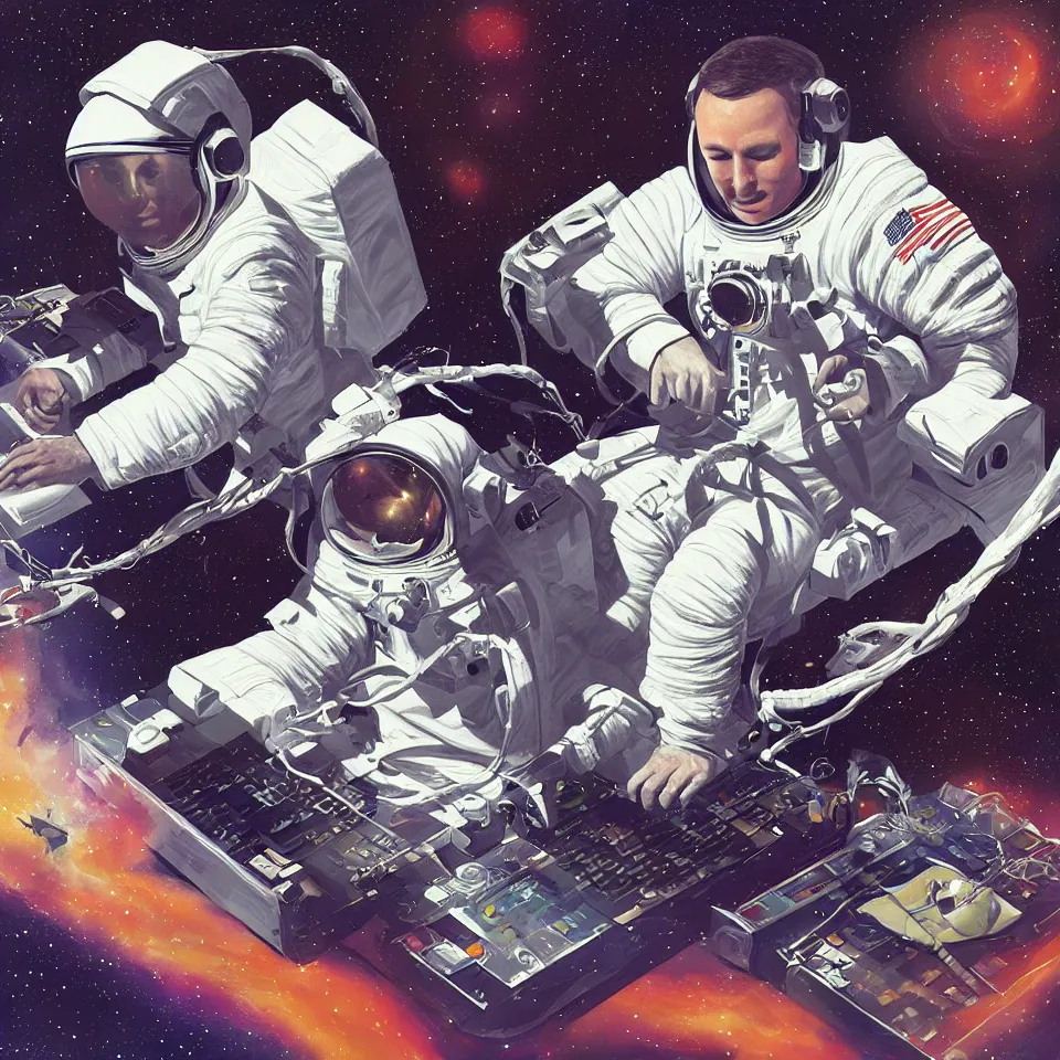 Prompt: one astronaut with headphone playing keyboard in the space, digital painting, digital art, illustrated by alex ross