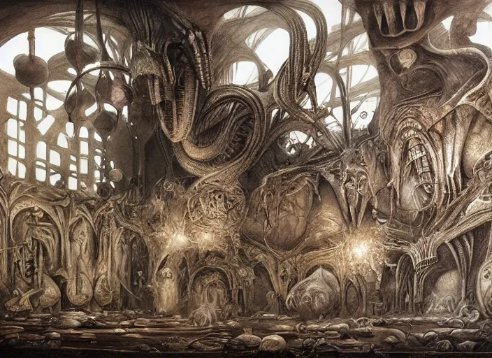 Image similar to a room by adonna khare, and h. r. giger