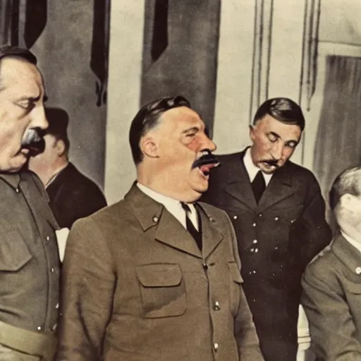 Image similar to viktor orban, hitler and stalin take part in a farting contest 1 9 4 4, nazi propaganda art, colored, highly detailed