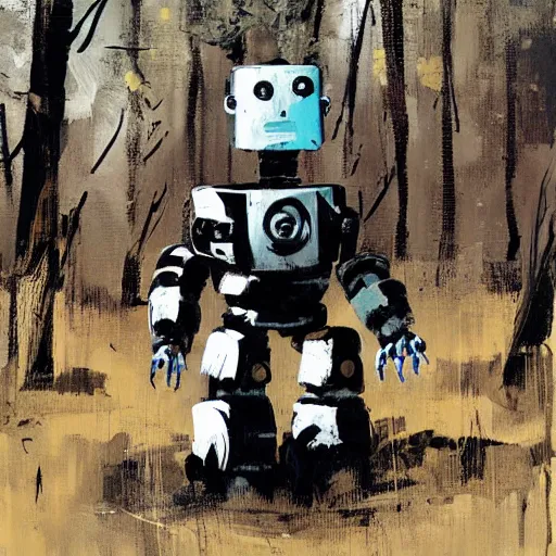 Image similar to a robot painted by ashley wood, forgotten in the forest
