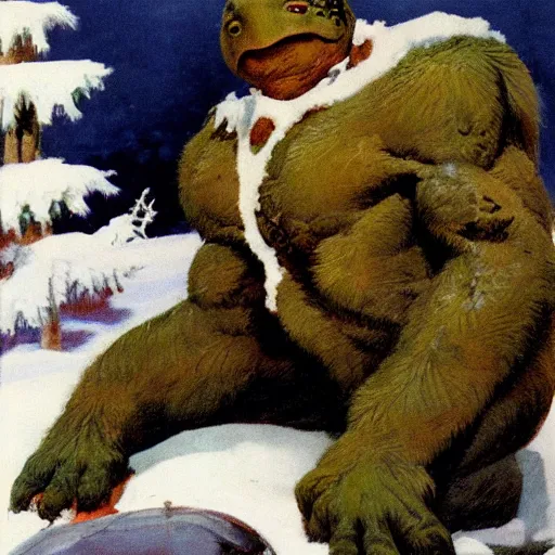 Prompt: anthropomorphic turtle humanoid in the snow wearing furs by frank frazetta