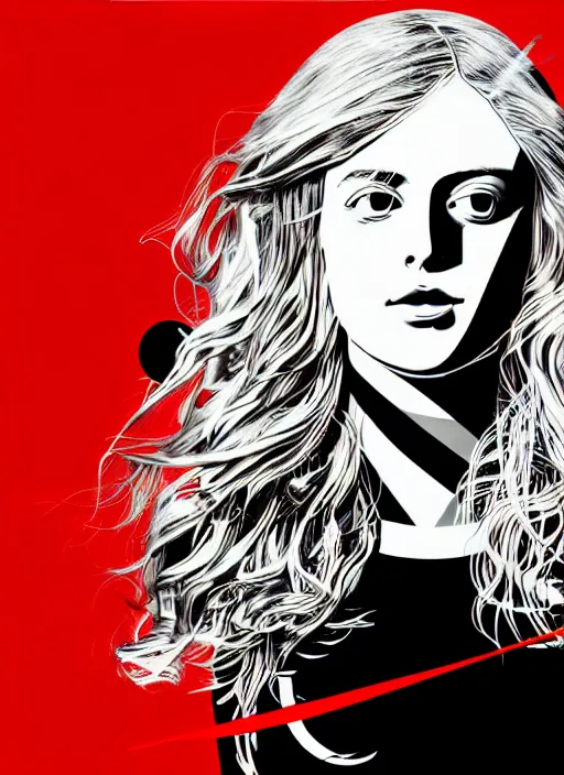 Prompt: highly detailed portrait of a hopeful pretty astronaut lady with a wavy blonde hair, by Barbara Kruger, 4k resolution, nier:automata inspired, bravely default inspired, vibrant but dreary but upflifting red, black and white color scheme!!! ((Space nebula background))