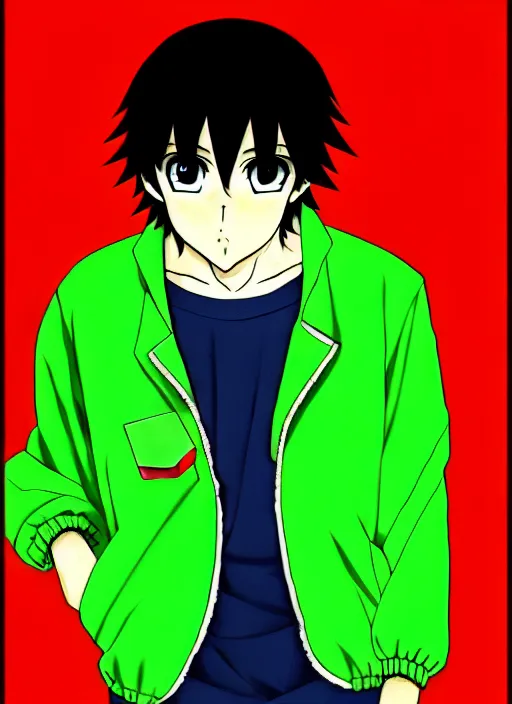 Prompt: anime portrait seu ramon seu madruga, el chavo, dark hair, red eyes, wearing green jacket,