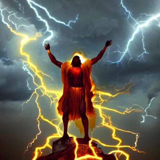 Prompt: a god made out of thunder throwing lightning bolts through the clouds at demons