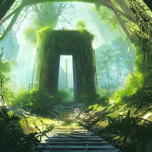 Image similar to stairs leading to a derelict portal in a middle of a lush futuristic forest, alien world seen through a portal, daylight, cinematic lighting, blue sky, syd mead, john harris