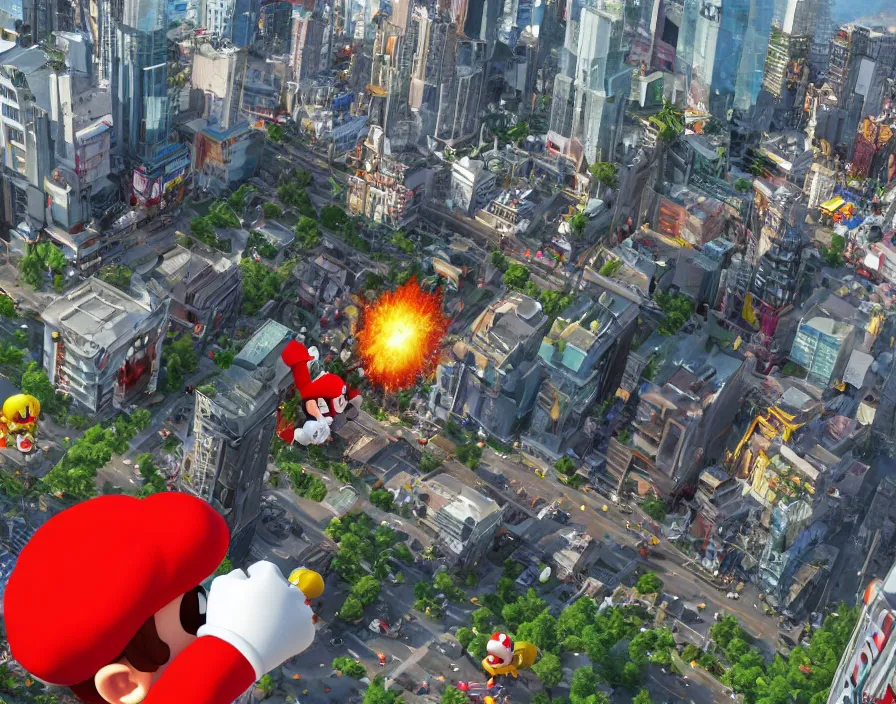 Image similar to giant mario destroying the city in japan, realistic 3 d, hd, hdr, ue 5, ue 6, unreal engine 5, cinematic 4 k wallpaper, 8 k, ultra detailed, by popular digital, details, beautiful image ever created, high resolution, artstation, award winning