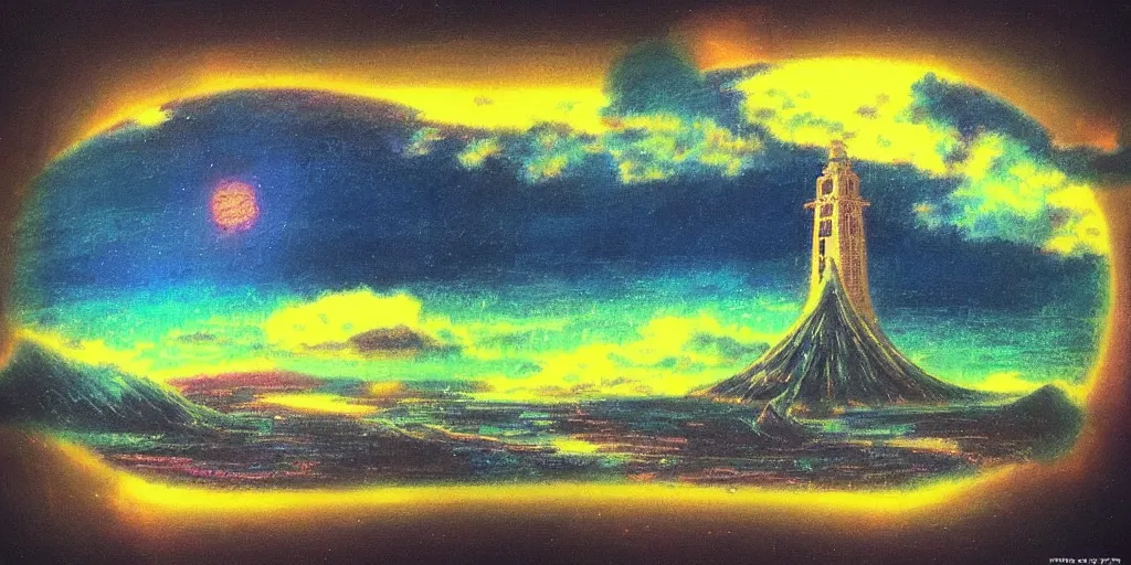 Image similar to “ a landscape pastel in the style of noriyoshi ohrai of an ancient holy tower, it has iridescent mana radiating from it. it is centered. the background is the sky at night. retrofuturistic fantasy ”