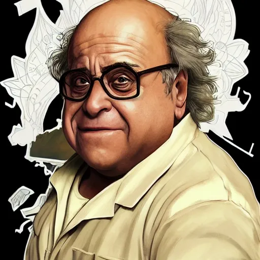 Image similar to DAnny Devito as anime waifu, anime, weeb, die cut sticker , intricate, elegant, highly detailed, digital painting, artstation, concept art, smooth, sharp focus, illustration, art by artgerm and greg rutkowski and alphonse mucha and francisco goya