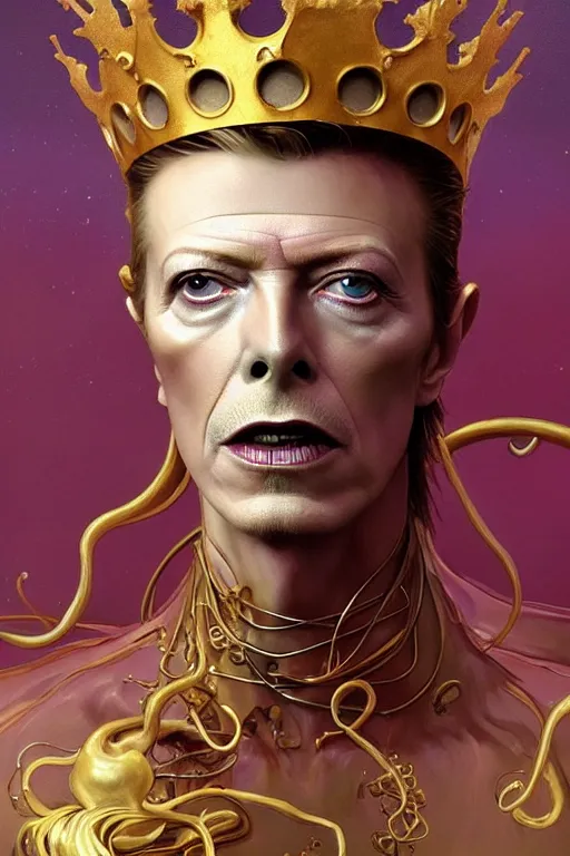 Prompt: David Bowie , a golden crown floating above his head, tentacles coming out the ground art by Artgerm and Greg Rutkowski and Alphonse Mucha and Craig Mullins and James Jean and Andrei Riabovitchev and Marc Simonetti and peter mohrbacher, sharp focus, ominous, cosmic horror, trending on artstation, Ultra detailed, hyper realistic 4k