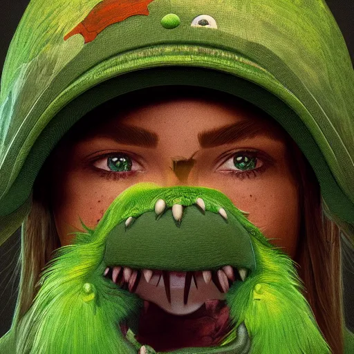 Image similar to a green hat with a monster's head on it, hyperdetailed, artstation, cgsociety, 8 k