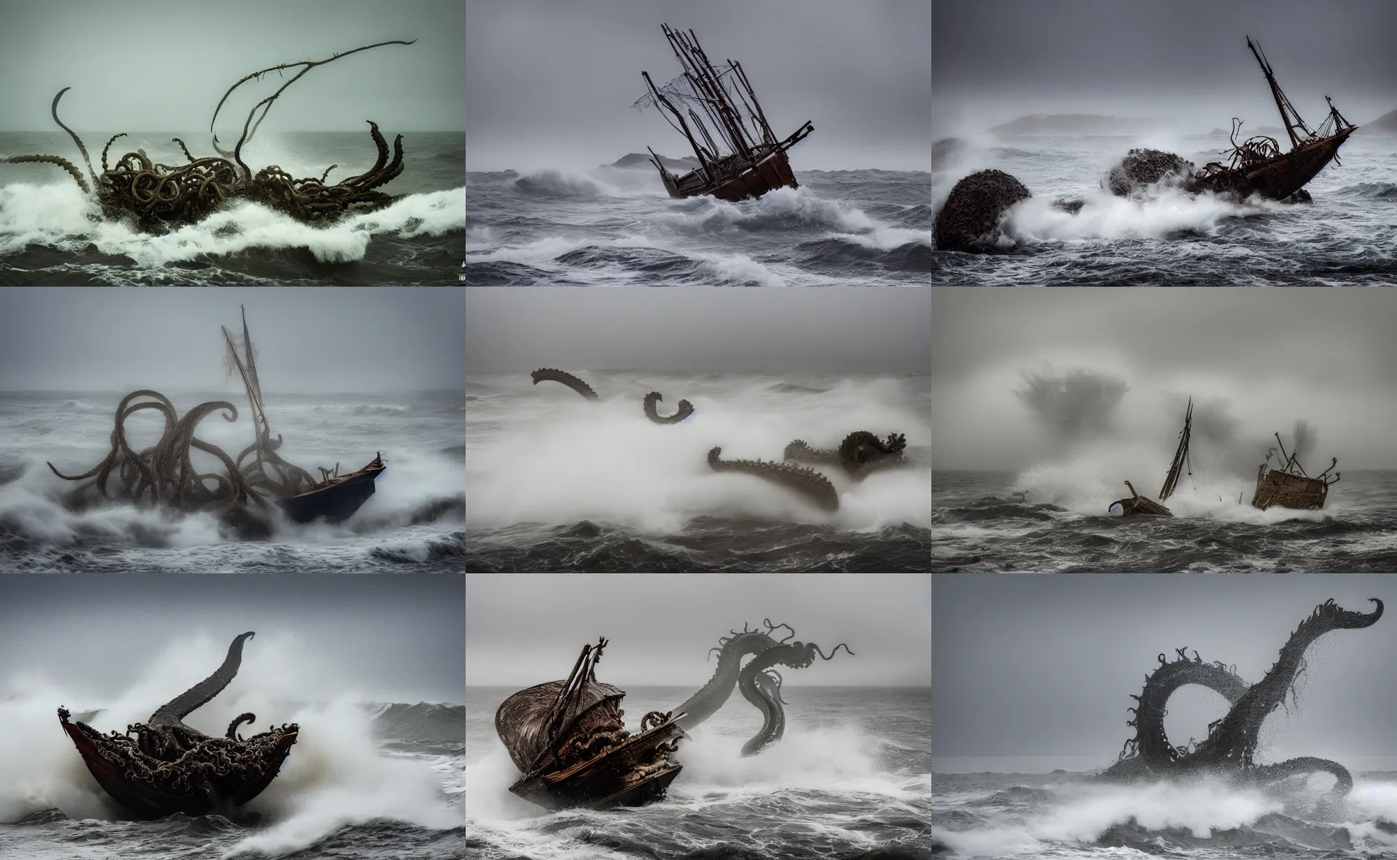 Prompt: nature photography of a kraken breaking apart a wooden sailboat, south african coast, rainfall, rough waves, fog, digital photograph, award winning, 5 0 mm, telephoto lens, national geographic