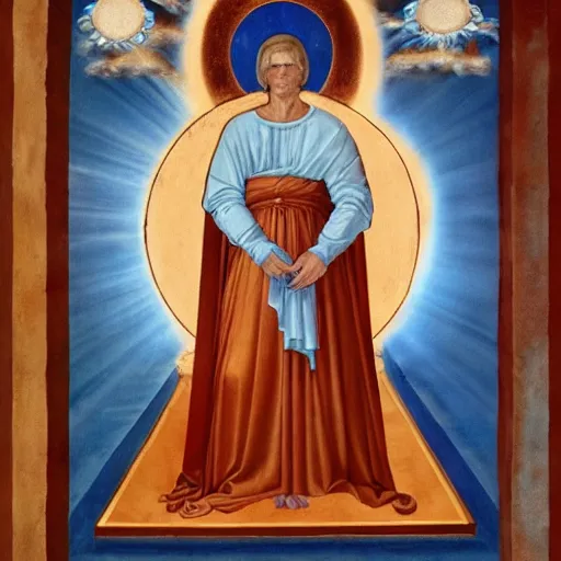 Prompt: waist - up shot, hank hill wearing a white toga, emerging from blue fire, surrounded by blue flames, renaissance religious painting, late gothic religious paintings, byzantine religious art, painting by duccio di buoninsegna and carlo crivelli, trending on artstation