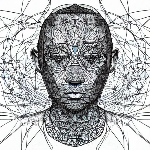 Prompt: Geometrically surreal Artificial Intelligence monk, high detail, photorealistic, intricate line drawings, dotart, album art in the style of James Jean