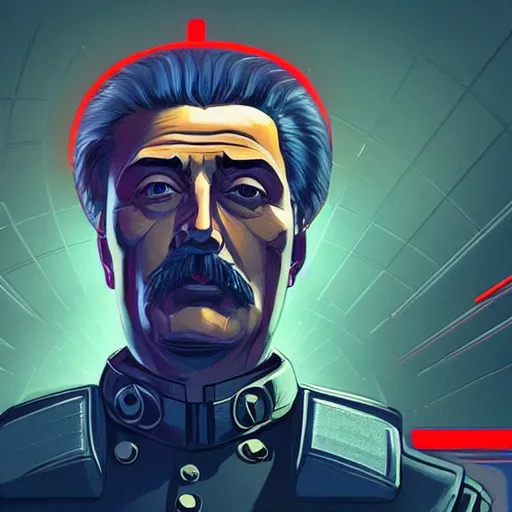 Image similar to cyberpunk joseph stalin as the leader of a futuristic communist society, cybernetics, sharp lines, digital, artstation, colored in