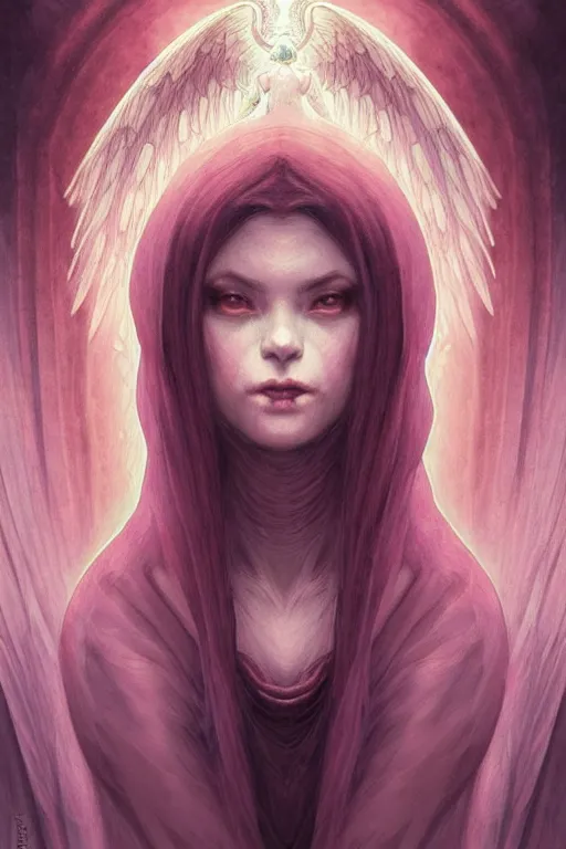 Prompt: portrait of demonic woman and angelic woman, confident pose, pixie, genshin impact, intricate, elegant, sharp focus, soft bokeh, illustration, highly detailed, concept art, matte, trending on artstation, bright colors, art by wlop and artgerm and greg rutkowski, holographic undertones, mucha, giger, marvel comics and beksinski