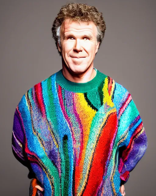 Image similar to headshot of the will ferrel, wearing a colorful coogi sweater, and a kilt, photoshoot in the style of annie leibovitz, studio lighting, soft focus, bokeh
