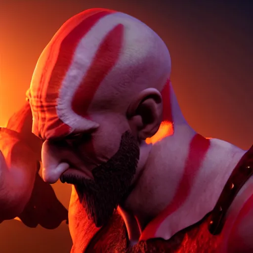 Prompt: Kratos has a chicken head, screenshot, volumetric lighting, high detail, 4k, warm toned gradient background